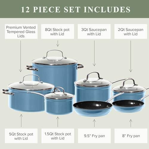 12pcs Blue Ceramic Nonstick Cookware Set, Diamond Infused Scratch-Resistant, PFAS Free, Dishwasher & Oven Safe, Induction Ready & Evenly Heats, Tempered Glass Lids & Stay-Cool Handles