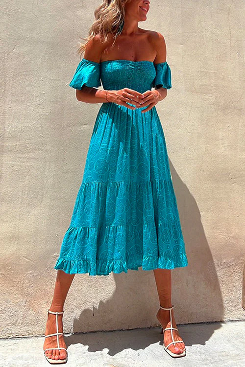 Smocked Off Shoulder Ruffle Midi DressClistos