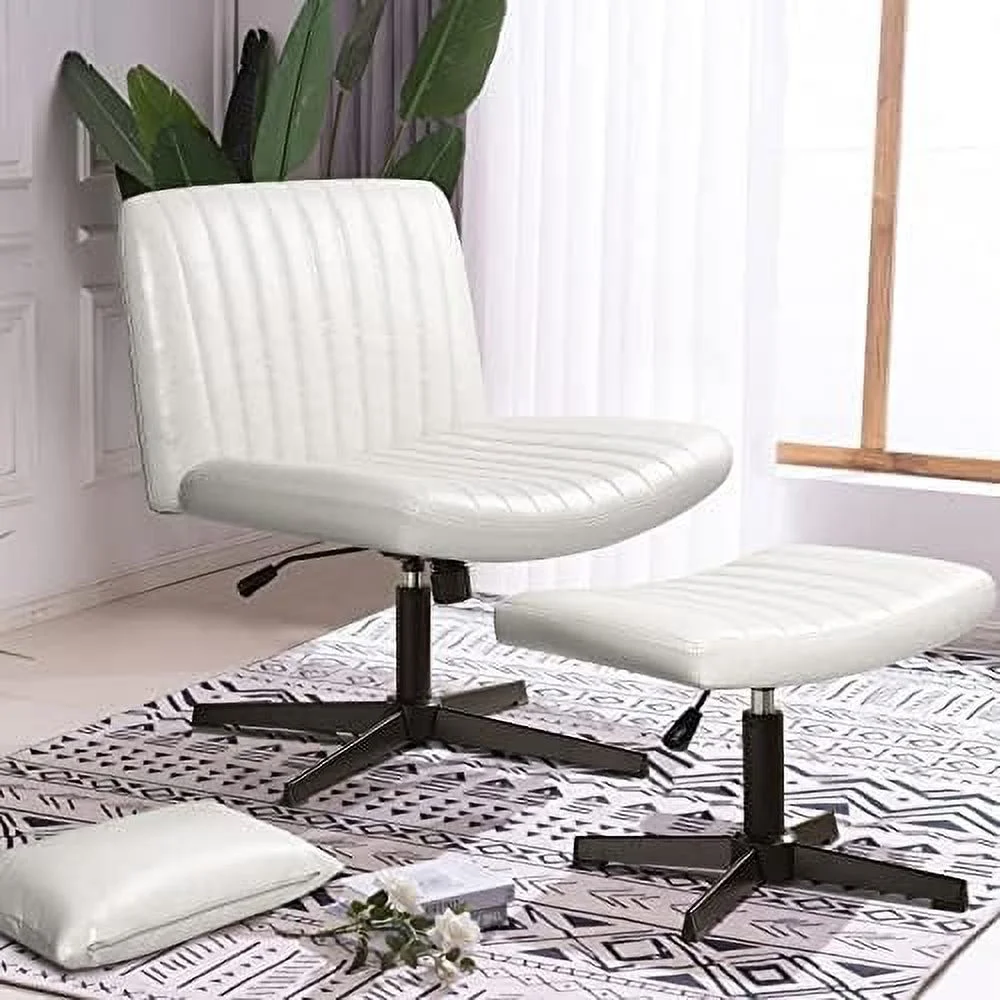NLIBOOMLife Armless Desk Chair No Wheels with Ottoman&Lumbar Support PU Leather Padded Modern Swivel Home Office Chair Height Adjustable Wide Seat Cross Legged Computer Task Chair for