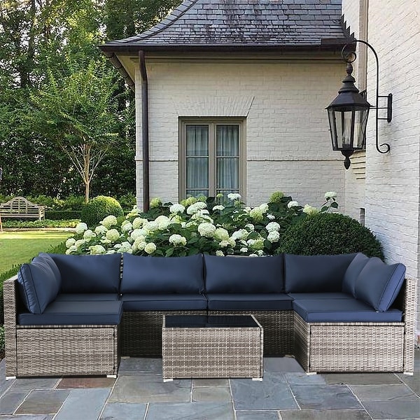Outdoor 7Piece Wicker Sectional Set with Cushions and Coffee Table