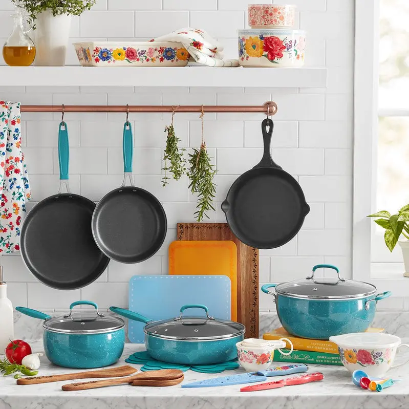 The Pioneer Woman Brilliant Blooms 38-Piece Teal Cookware Set – Floral-Print Complete Kitchen Collection