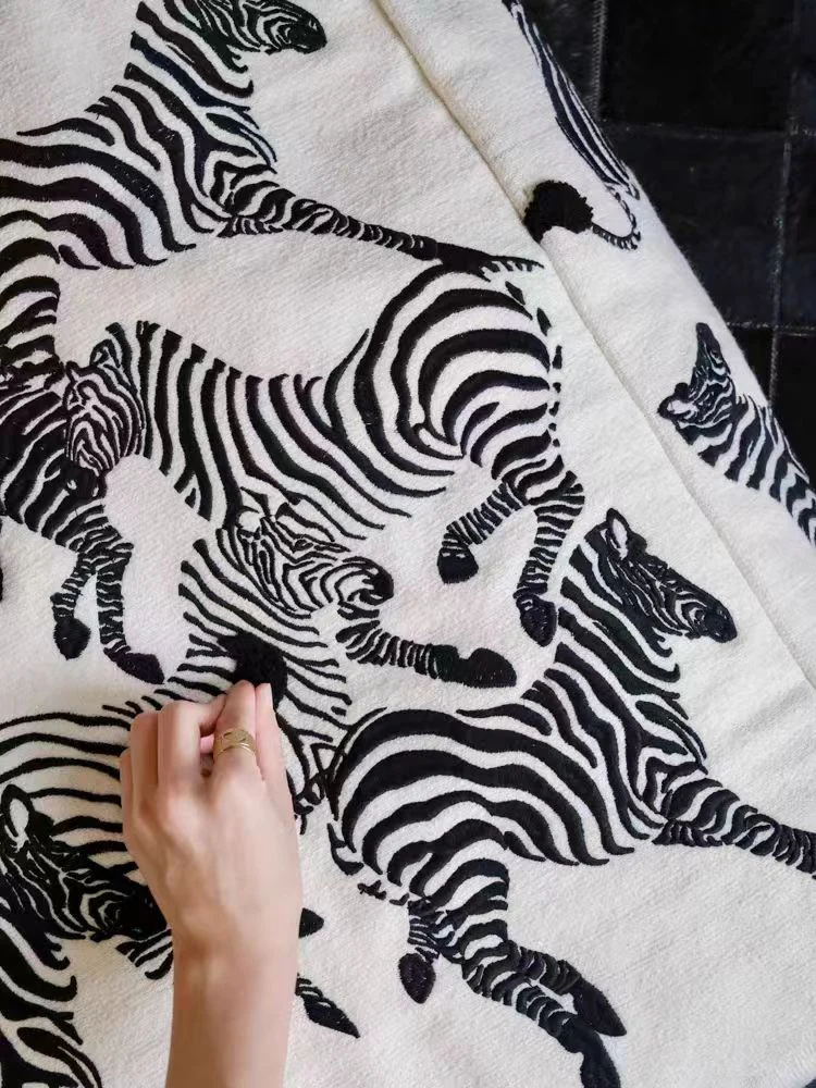 CH043 - Black and White Zebra Embroidered Pearl Pouf for Living Room