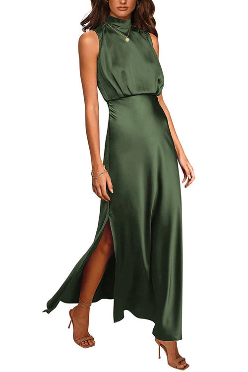 Mock Neck Side Split Satin Maxi DressClistos