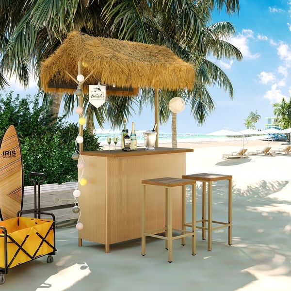 Hawaiianstyle Bar Height Patio Bistro Set with PE Grass Canopy,Outdoor Bar Table and Stools Set w/ Adjustable Feet for Drinking