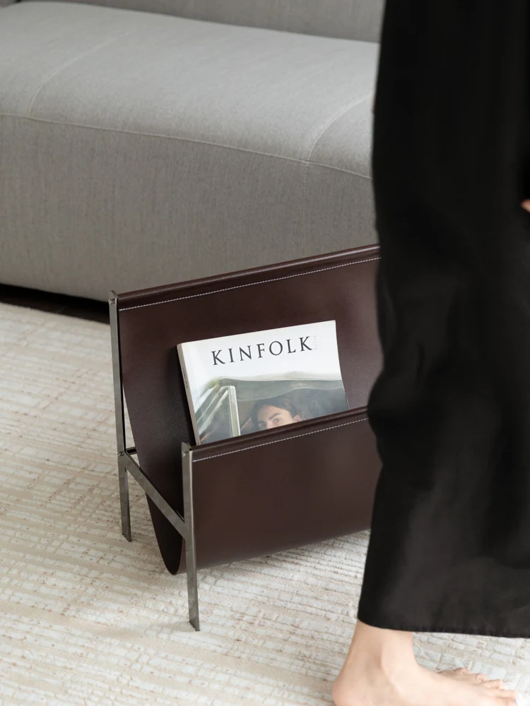 DC274 - Danish Vintage Ebony Leather Bedside Shelf Book Storage Side Table Stainless Steel Corner Table