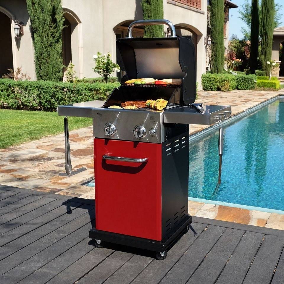 Permasteel 2 Burner Grill with Folding Side Shelves - Red