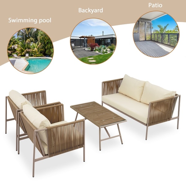 4Piece Rope Sofa Set with Thick CushionsandToughened Glass Table,Beige