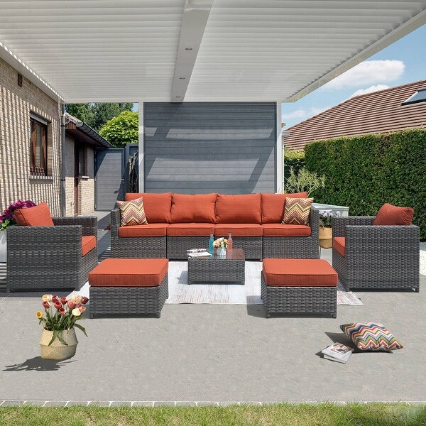 OVIOS Patio Furniture Deep Seat Wicker 9piece Set