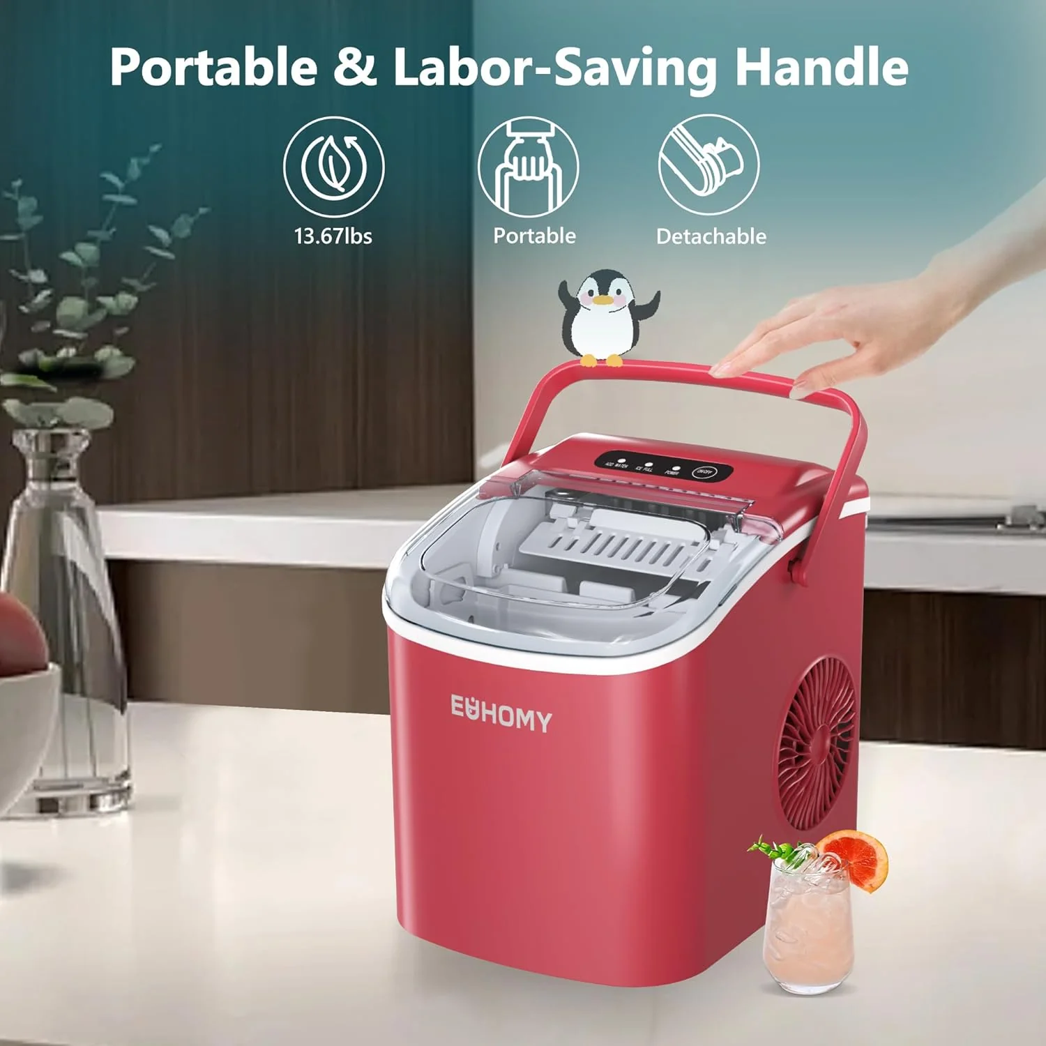 12'' Red Bullet Ice Portable Self-Cleaning Ice Maker with Handle
