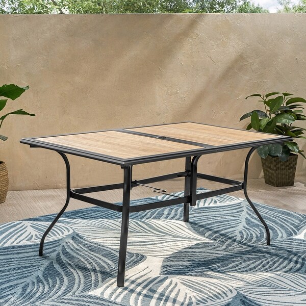 MAISON ARTS Woodlook PVC Patio Dining Table Steel Large Rectangular Table with Umbrella Hole
