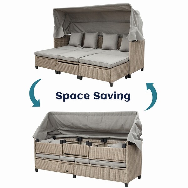 UVProof 4Piece Resin Wicker Patio Sofa Set Daybed Sunbed with Retractable Canopy and Adjustable Table