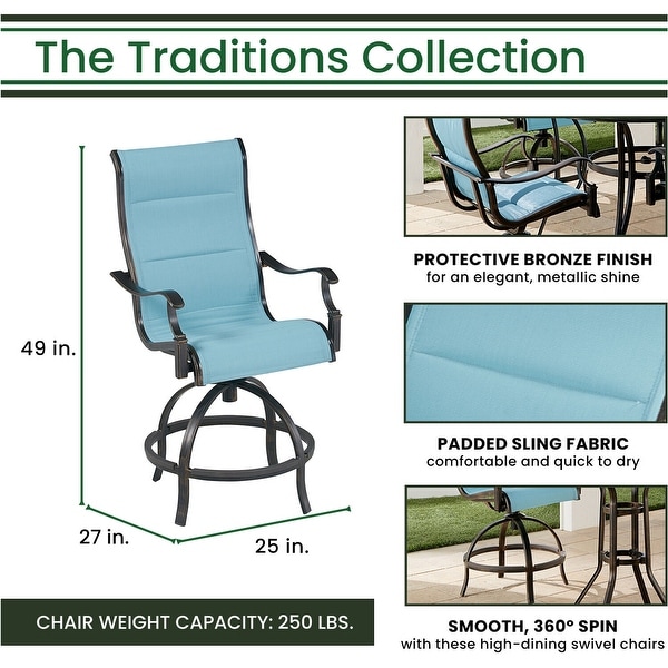 Hanover Traditions 5Piece HighDining Set in Blue with 4 Padded CounterHeight Swivel Chairs and 40,000 BTU Fire Pit Table