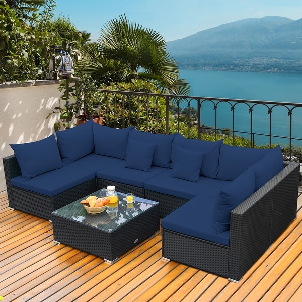 Gymax 7PCS Rattan Patio Conversation Set Sectional Furniture Set w/