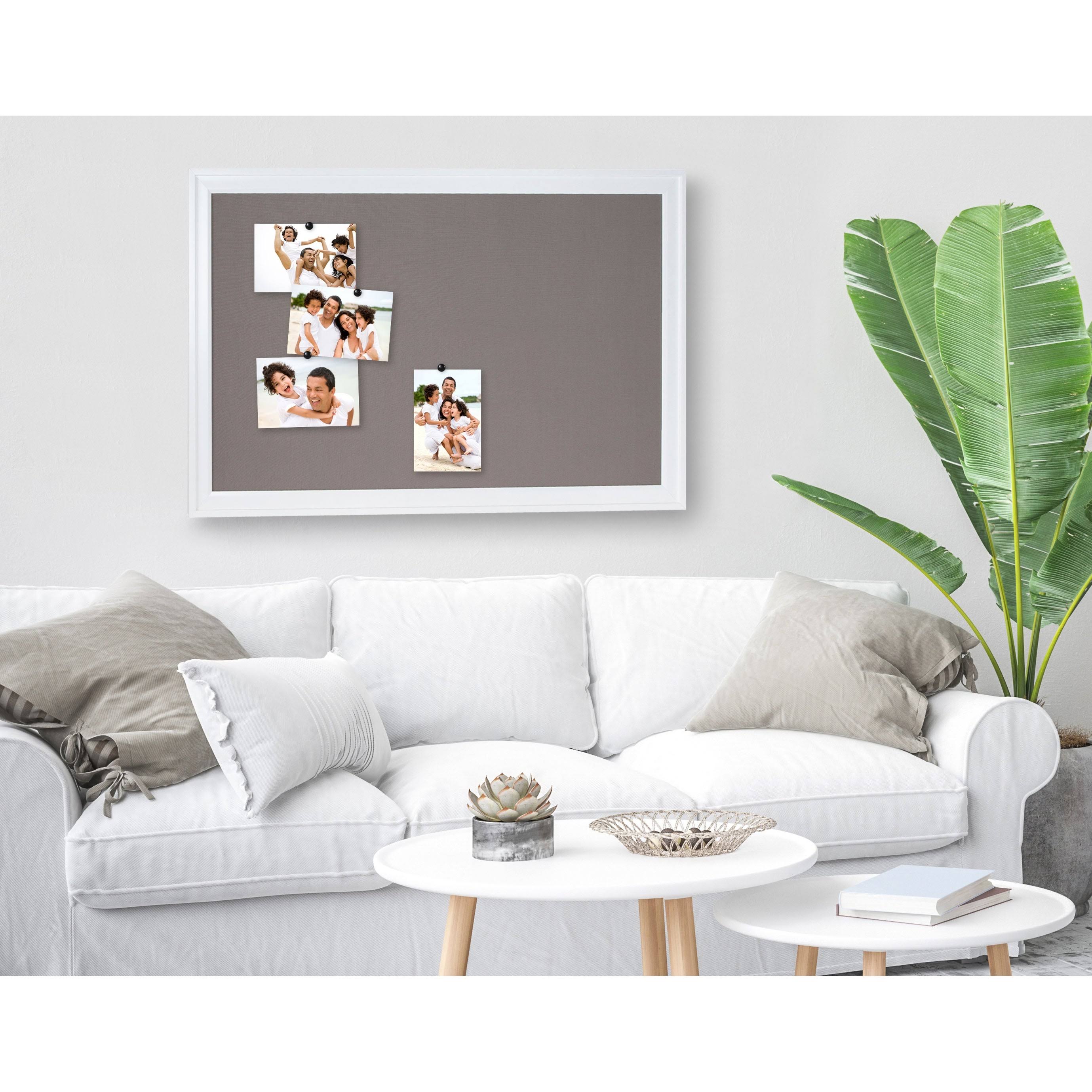 DesignOvation Bosc Framed Gray Linen Fabric Pinboard 18.5x27.5 White