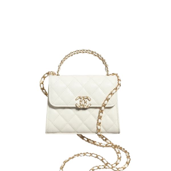 Chanel Top Handle Clutch With Chain In Caviar White 15Cm/5in