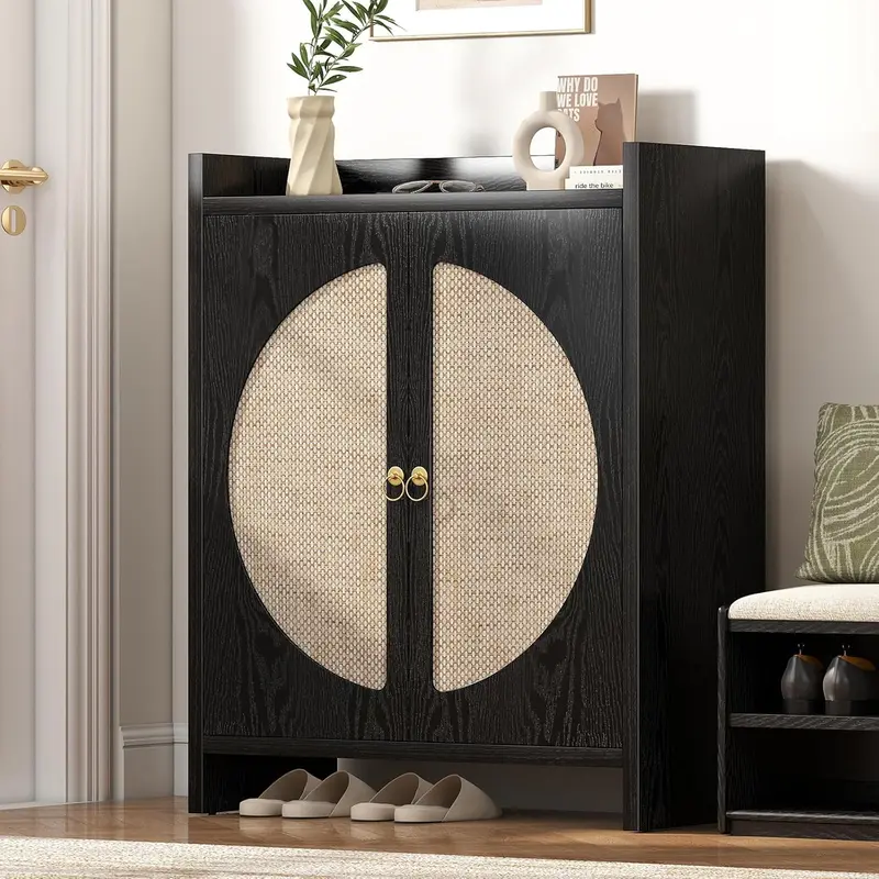 Rattan-Woven Entryway Shoe Cabinet – Natural-Finish Freestanding Organizer for Small Spaces