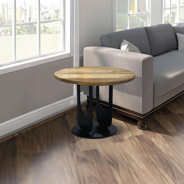 22 Inch Side End Table,Round Natural Mango Wood Top,Black Iron U Shaped Legs
