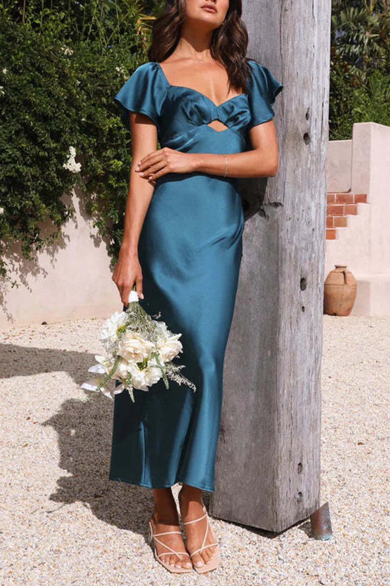 Elegant Satin A-Line Maxi Dress with Flutter SleevesClistos