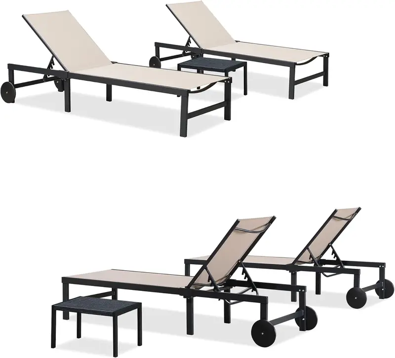 PURPLE LEAF Tanning Lounge Set – Adjustable Aluminum Reclining Chairs with Face-Down Hole, Wheels, Pillows & Matching Table