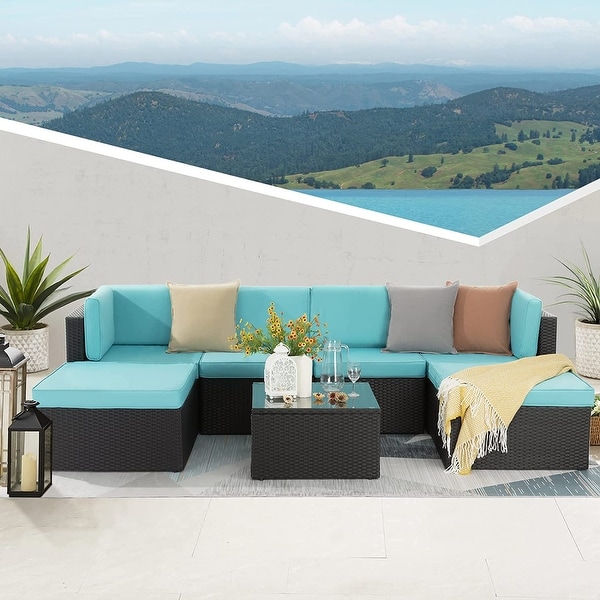 Bossin 7 Pieces Patio Furniture Sets,Outdoor Sectional Sofa,Rattan Wicker Couch with Washable Cushions and Glass Table