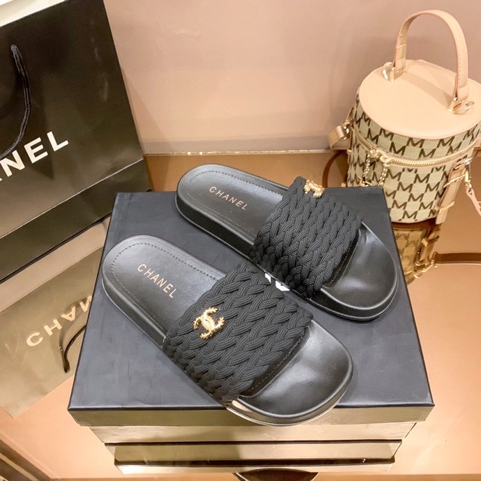 Chanel Braided Slides Black