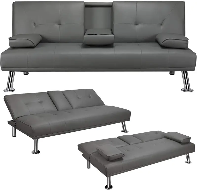 Yaheetech Convertible Sofa Bed – Adjustable Faux Leather Recliner with Removable Armrests, Cup Holders, 3-Position Settings & 772 lb Weight Limit
