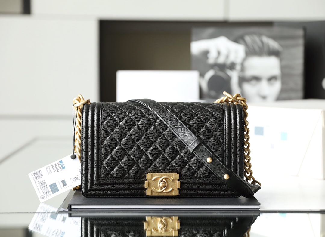 Chanel Medium Boy Quilted Gold Chain Black 25Cm