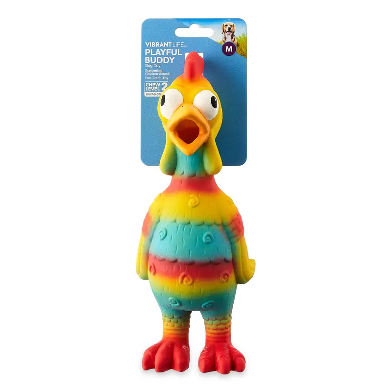 Vibrant Life Playful Buddy Tie Dye Chicken Dog Toy, Chew Level 2, with Squeaker.