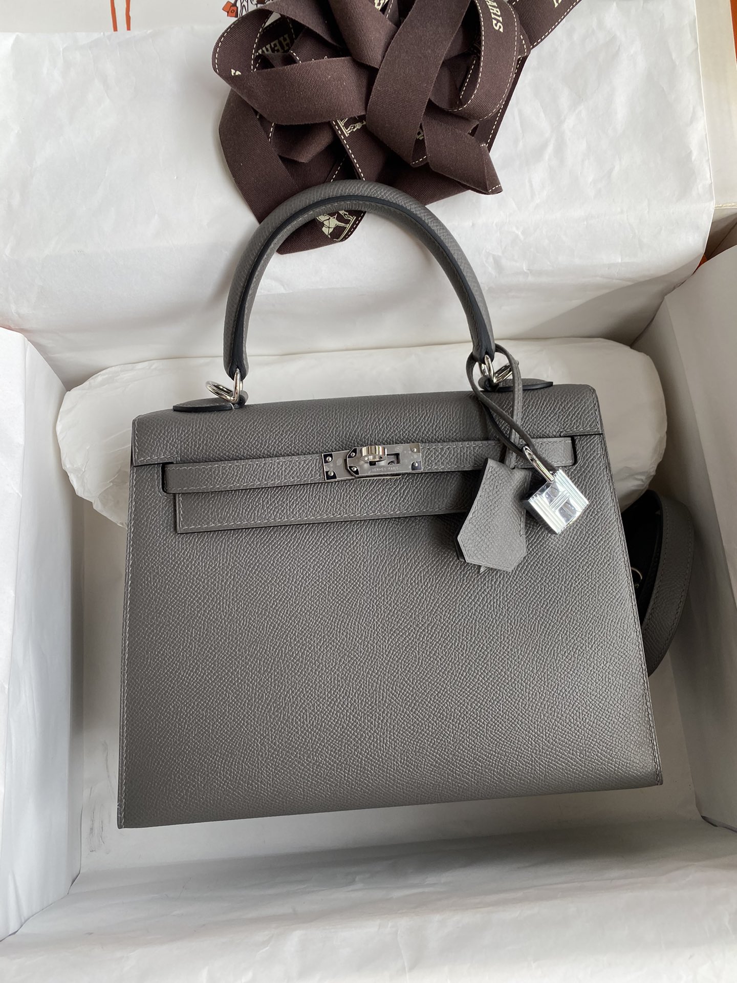 Hermes Kelly 25 Bag In Dark Grey Epsom Leather For Women 25cm/10in