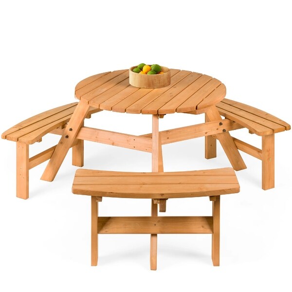 6Person Circular Wooden Picnic Table w/ Umbrella Hole,3 Benches