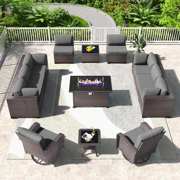 Patio Furniture Sectional Sofa Set,PE Rattan Swivel Rocking Chairs Patio Conversation Set