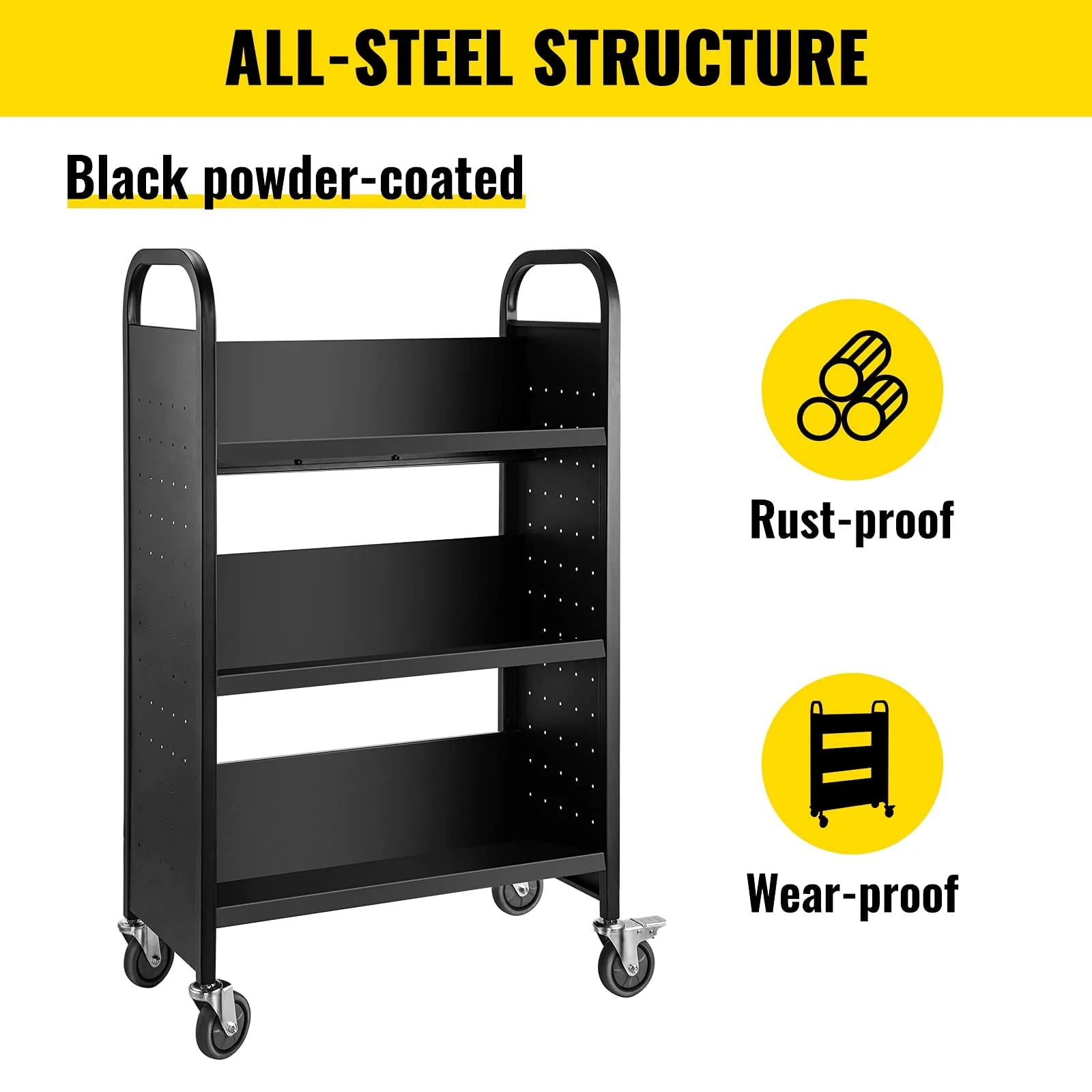VEVOR Single Sided V-Shaped 30x14x49 Inch Rolling Book Cart