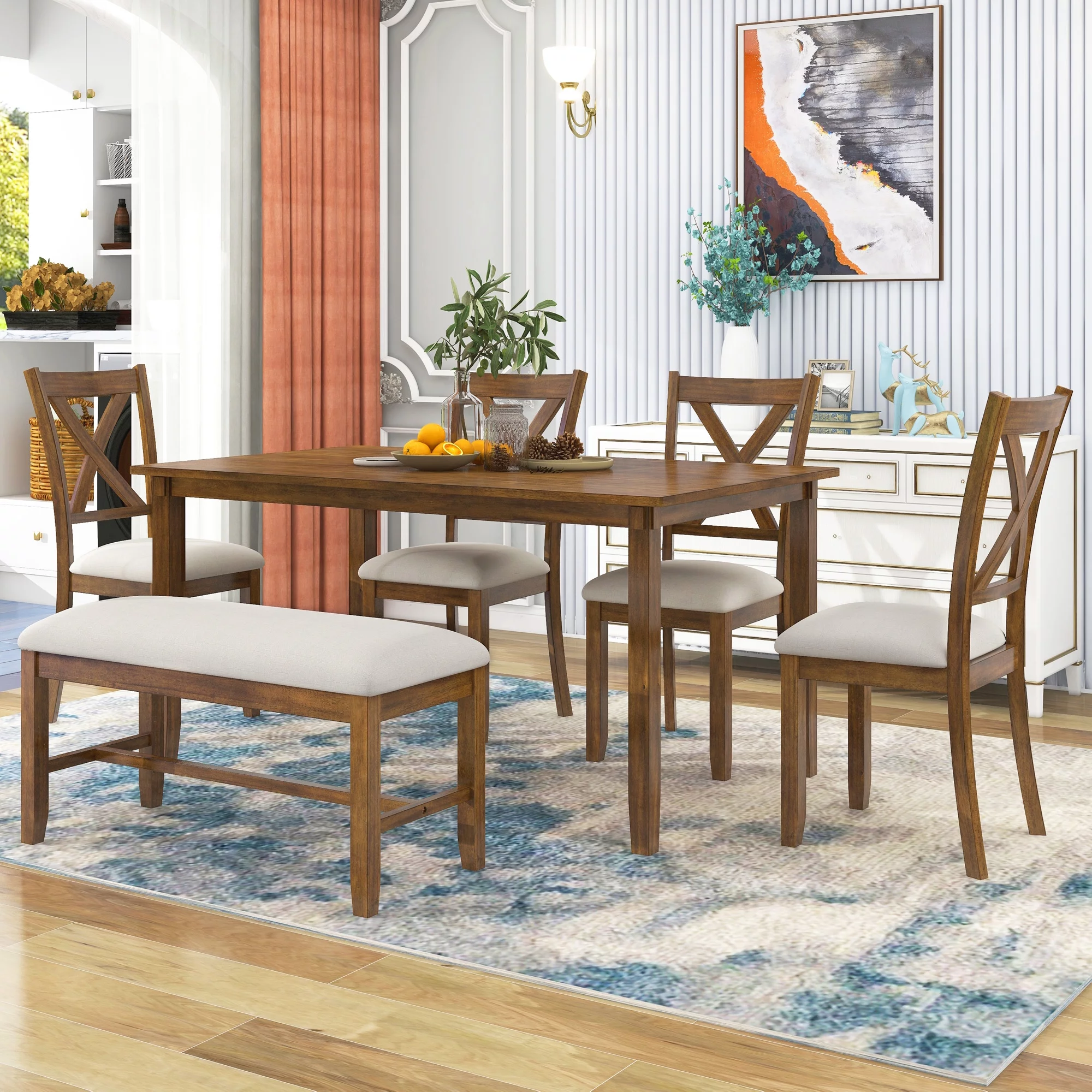 Prehome 6-Piece Kitchen Dining Table Set Wooden Rectangular Dining Table, 4 Fabric Chairs and Bench Family Furniture (Natural Cherry)