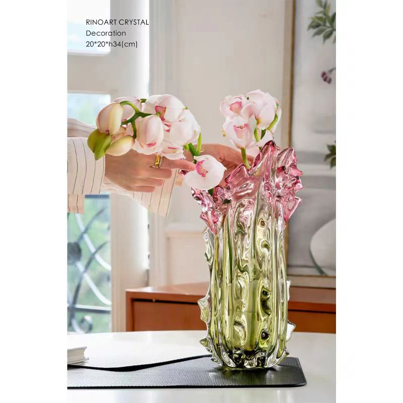 DC073 - Rinoart Crystal Vase for flowers - Tall, red green tinted, home decor glass vase with bouquet & rose in living room and kitchen, unique Italian-inspired design