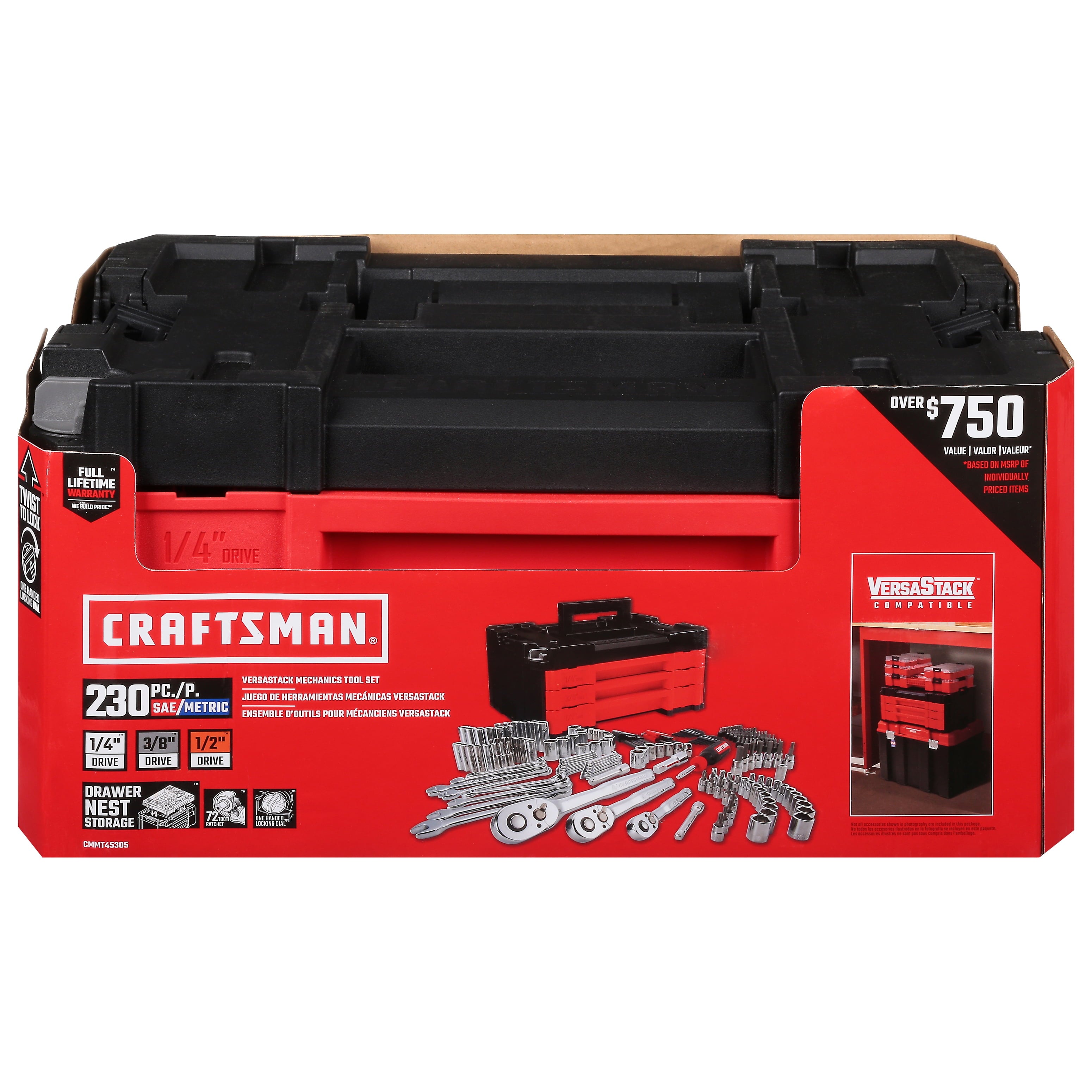Craftsman Versastack 1/4, 3/8 and 1/2 in. drive Metric and SAE Mechanic's Tool Set 230 pc