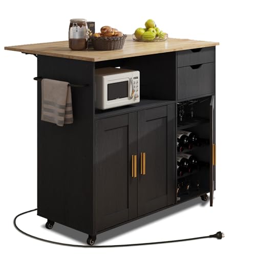 Rolling Mobile Kitchen Island Cart Bar with Drawer and Desktop Drop Leaf Countertop, Island Table Storage with 5 Wheels, Rolling Kitchen Cabinet with Power Socket (White, with Countertop)