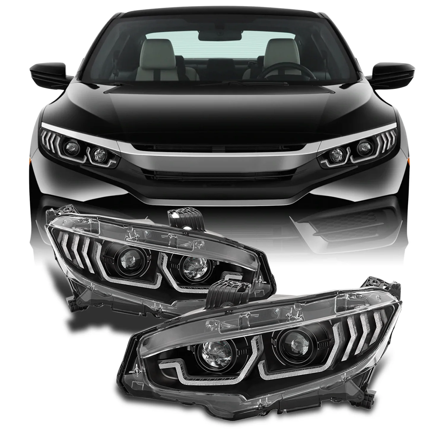 AKKON - Fits 2016-2021 Honda Civic Sedan [Tube Light Bar] Sequential Side Signal Projector Black Headlights Pair Left + Right