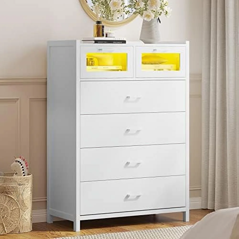 HOOMHIBIU Black Dresser for Bedroom  6 Drawer with LED Lights  Tall Wood Chest of Drawers  Modern Double Organizer  Large Capacity  Cabinet Entryway 6 Drawers-Tall