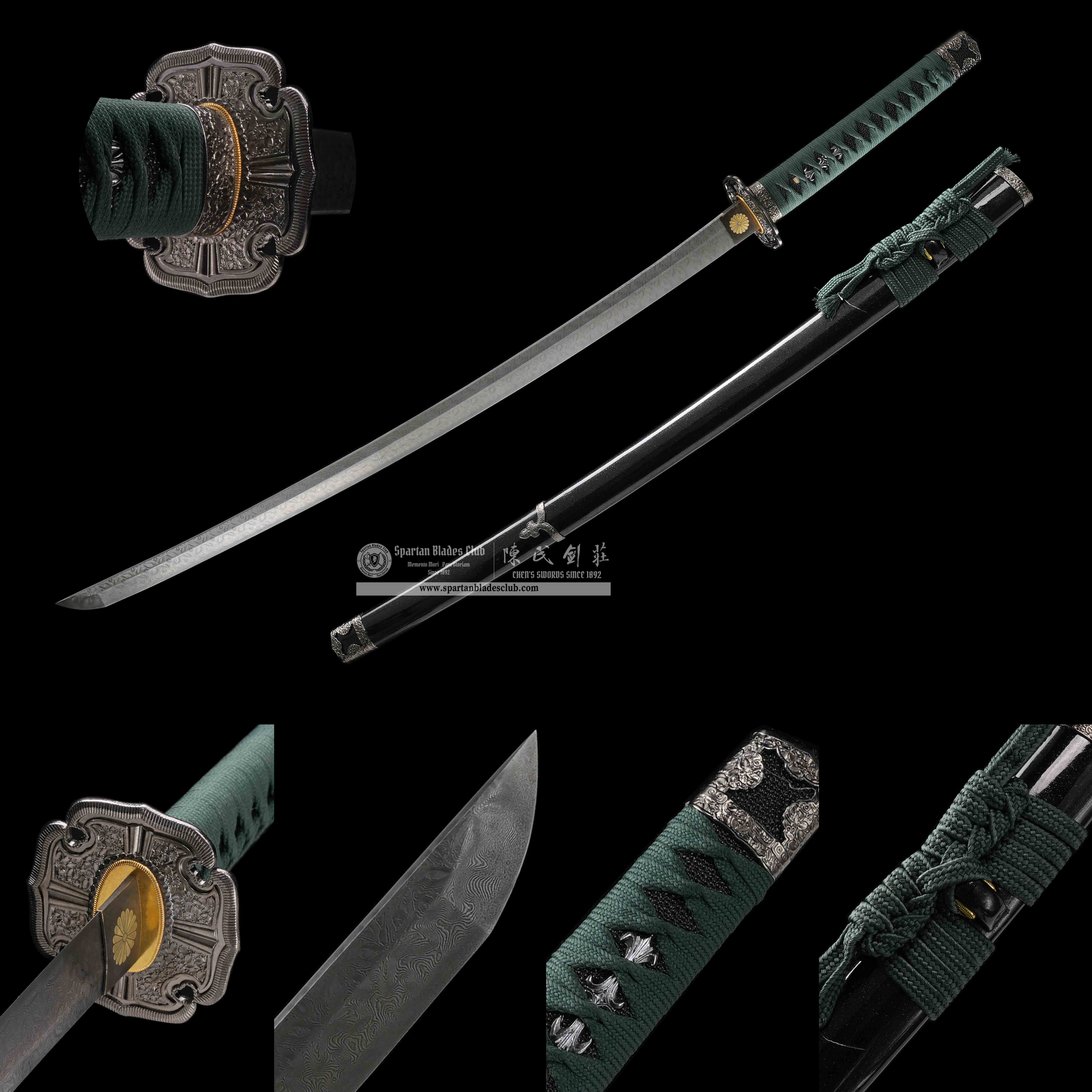 HY152 | Suimon Ginka | Katana | Damascus steel | Black&Green | Battle-Ready | Full-tang | Spartan Blades Club | CHEN'S SWORDS 1892 - Spartan Blades Club - 陳氏劍莊1892