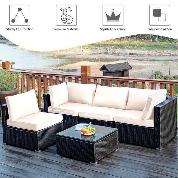 Costway 5PCS Patio Rattan Furniture Set Cushioned Sofa and Chair Coffee