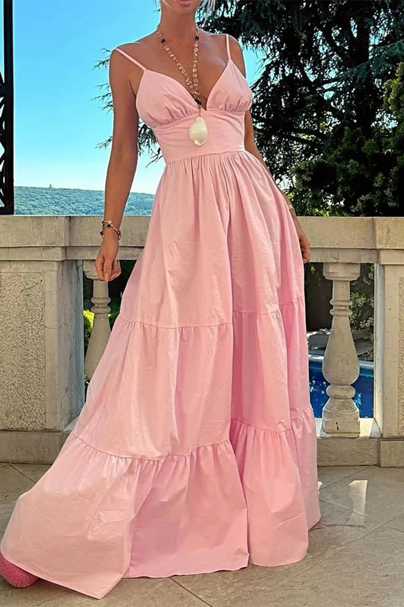 Backless Flounce Maxi Dress - V-Neck Spaghetti StrapClistos