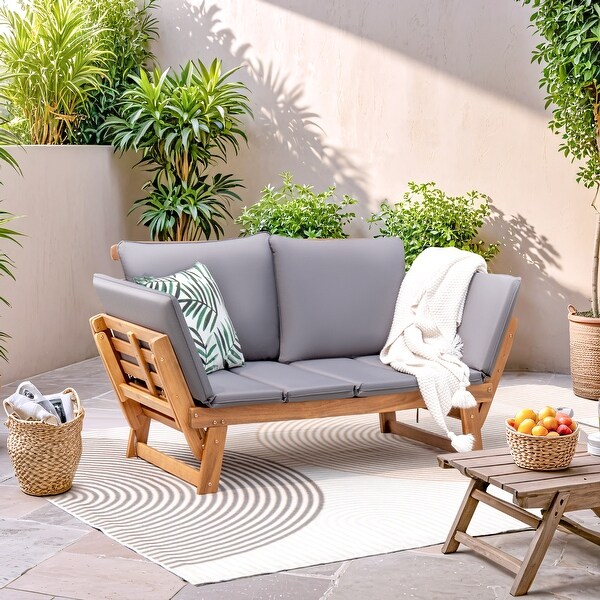 Furniwell Outdoor Sofa Patio Acacia Wood Daybed with Adjustable Armrests