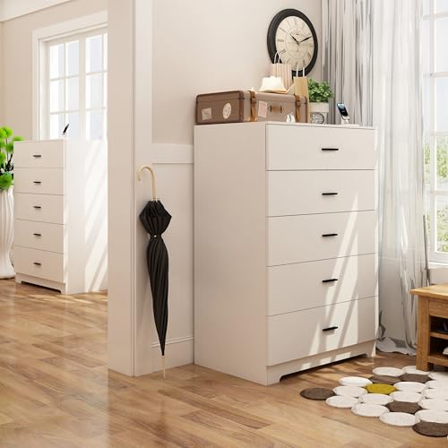 Dresser for Bedroom with Power Outlets Wood 5 Drawer Dresser with Large Storage Space Black Chest of Drawers with Smooth Metal Rail Tall Storage Organizer for Bedroom Living Room Closet