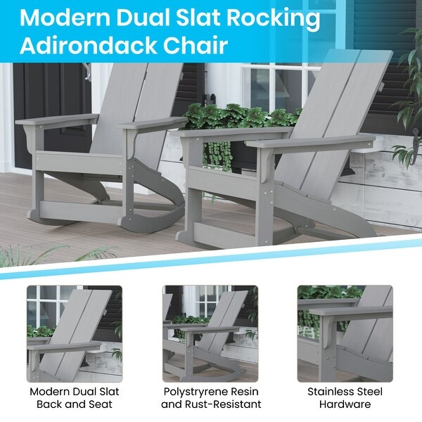 2 Modern Dual Slat Poly Resin Adirondack Rocking Chairs with Side Table