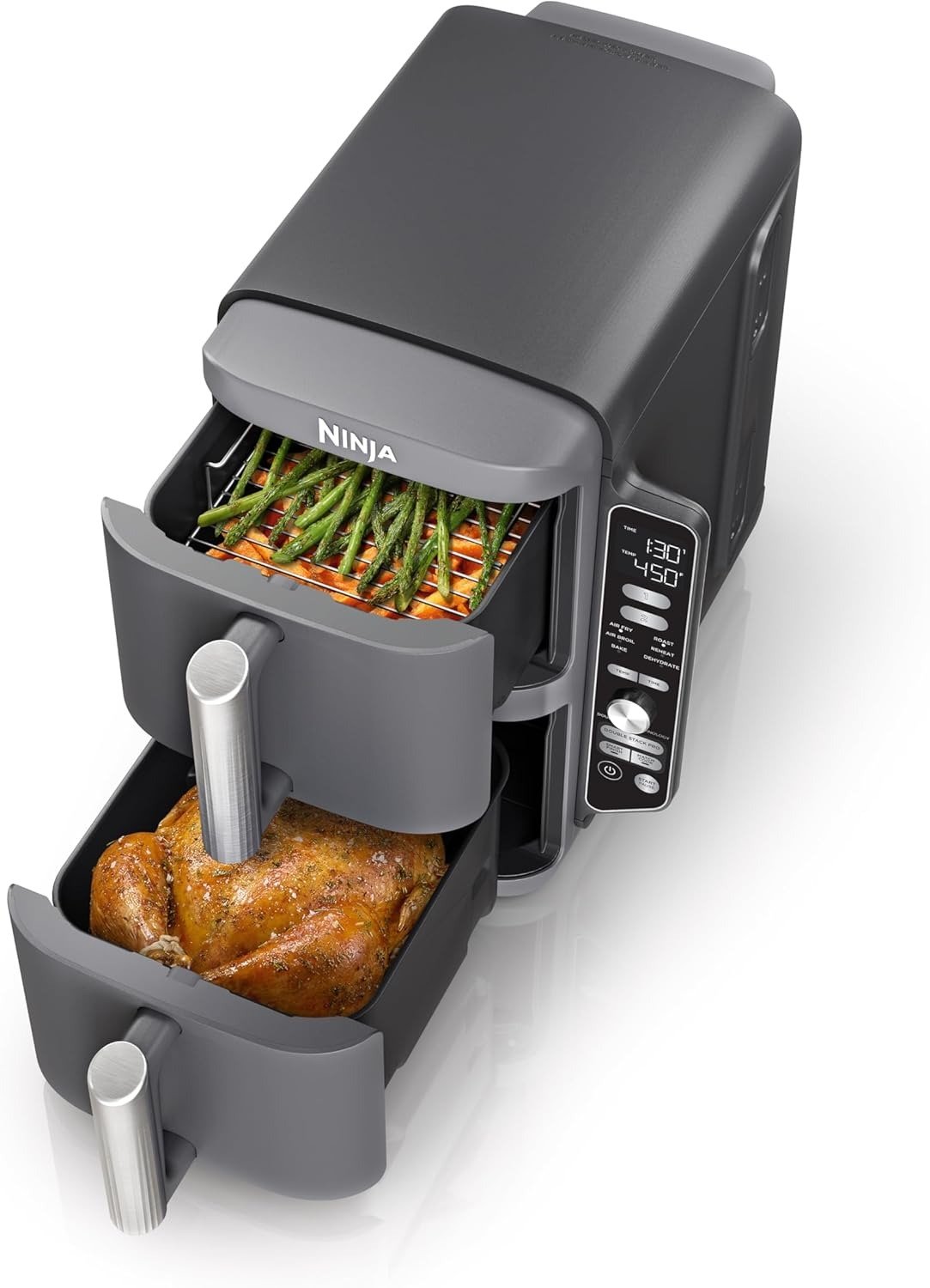 10QT DoubleStack 2-Basket Air Fryer, 4-Food Cooking, Smart Finish, Space-Saving Design, Grey