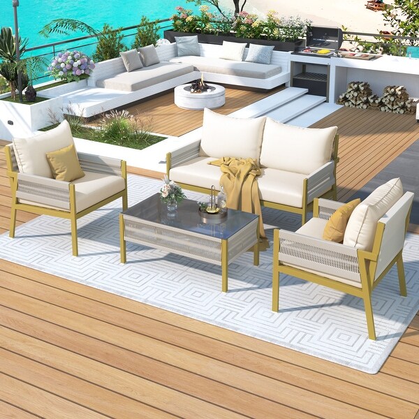 4Piece Rope Patio Furniture Set,Outdoor Furniture with Tempered Glass Table for Backyard Porch Balcony