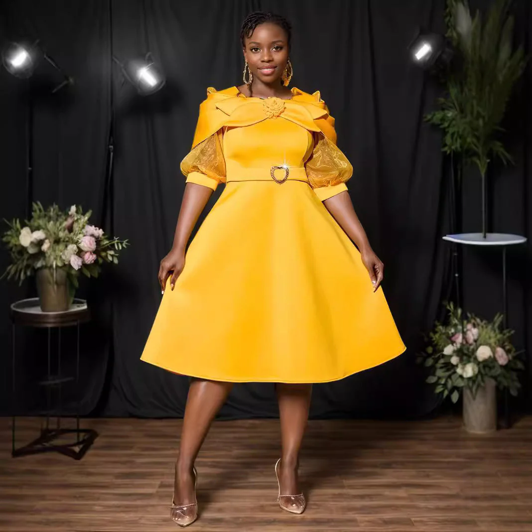 Elegant Puff Sleeve Belted Midi DressClistos