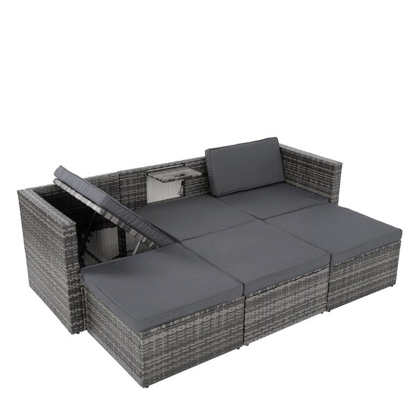 MultiFunctional Patio Sectional Furniture Set,5 Set PE Wicker Lounger Sofa Set with Adjustable Seat and Lift Coffee Table