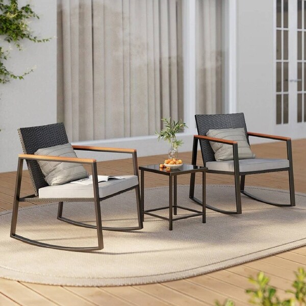 3 Piece Rocking Patio Bistro Set Wicker,Rocking Chair Pub Set with Glass Table