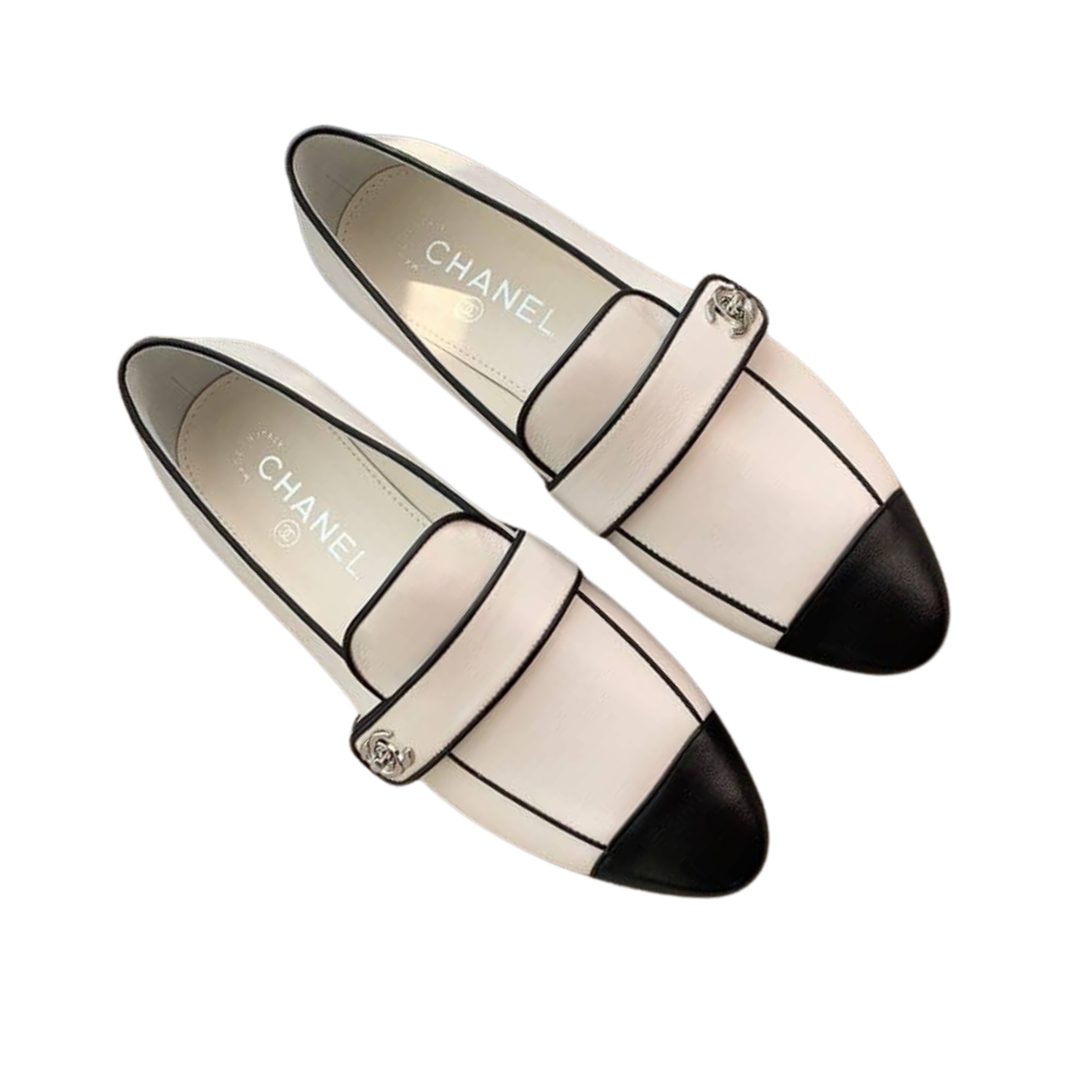 Chanel Leather Cc Cap Toe Slip On Loafers White